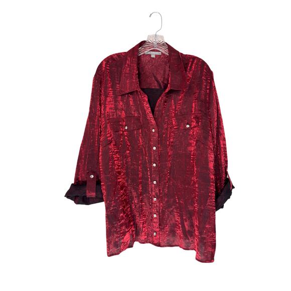 NY Collection Women Button Down Blouse Plus Red Holiday Christmas Festive 3X - Picture 1 of 12